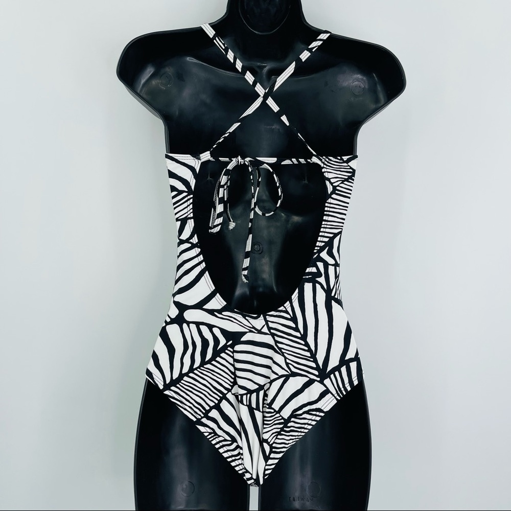 Splendid V neck cross tie back one piece swimsuit black white women's size XS - Picture 2 of 7